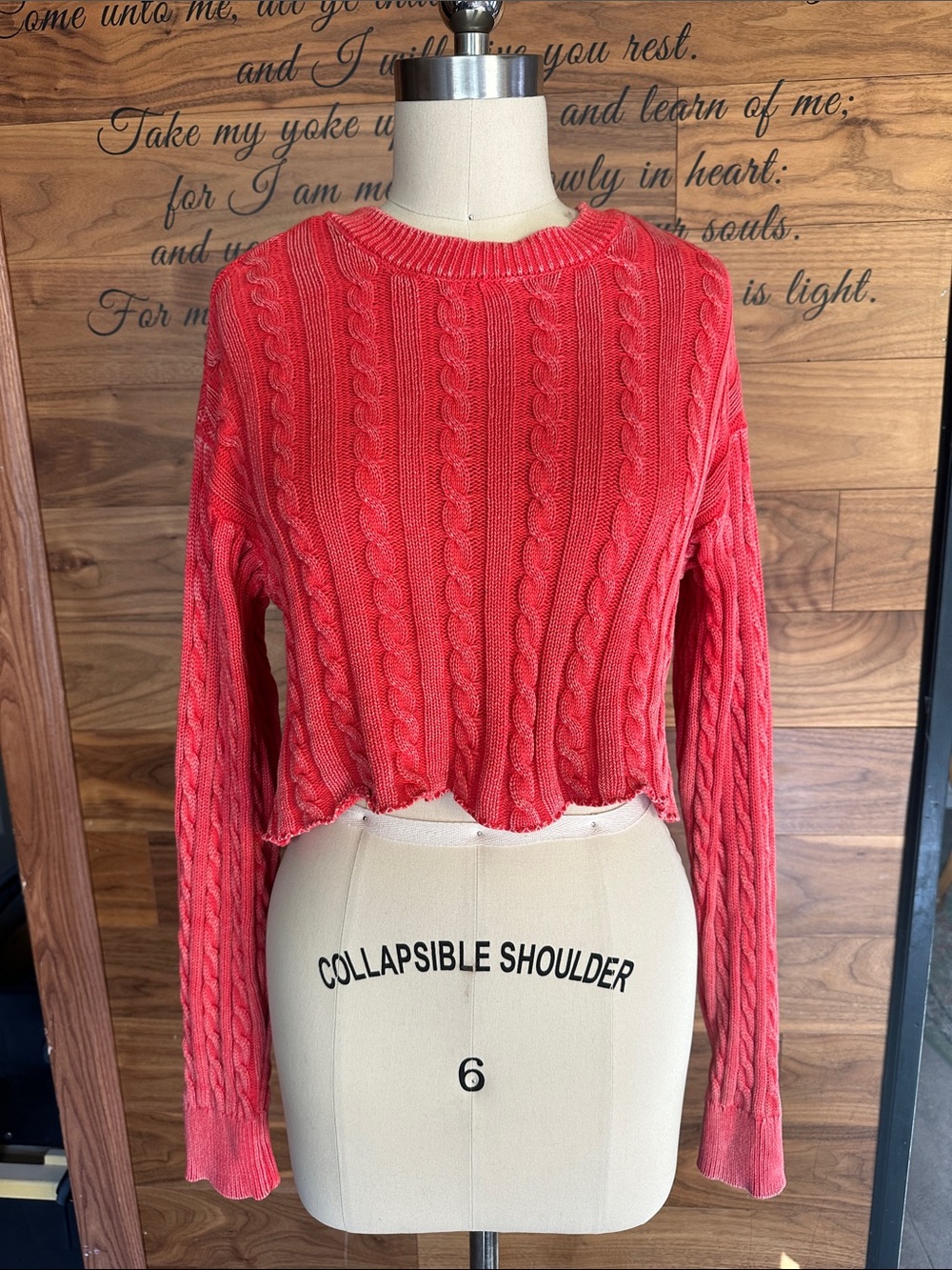 aerie Cropped Cable-Knit Crew Sweater in Coral Red